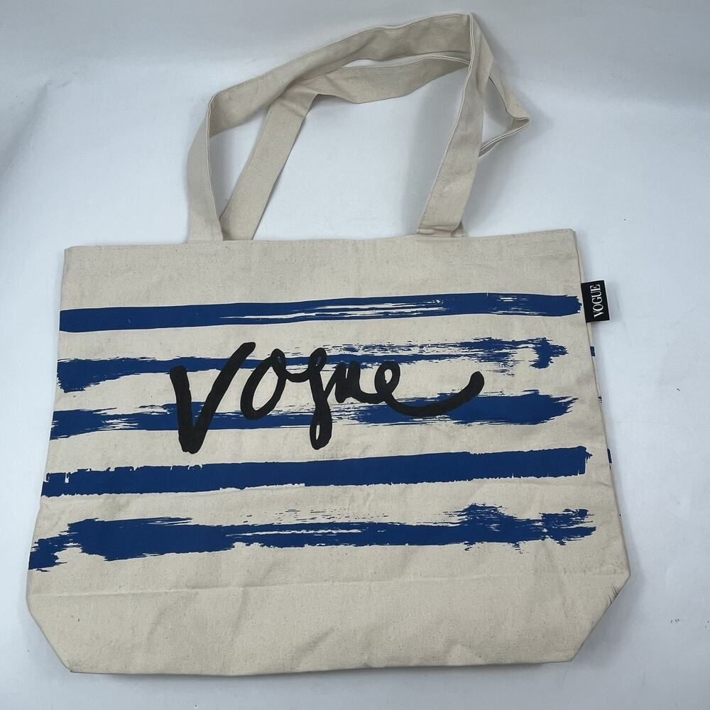 Vogue Womens Tote Bag Cream Blue Stripe Canvas Shopping Shoulder Bag Script Logo